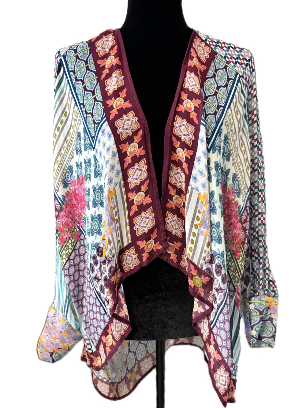 Coldwater Creek Patchwork Boho Open Front Kimono Cardigan S/M